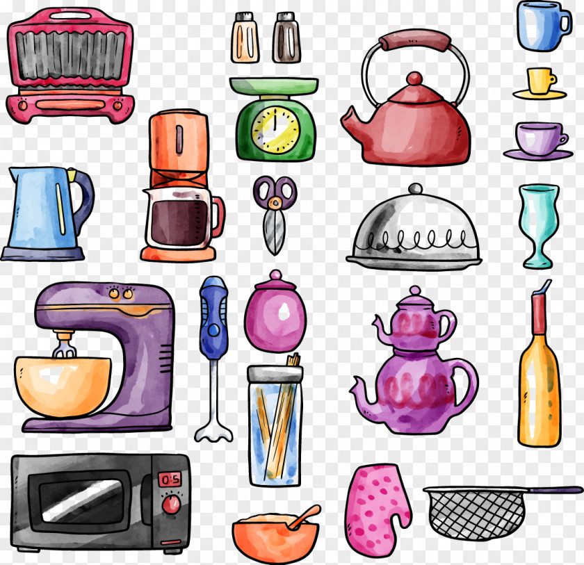 Vector Hand-painted Kitchen Supplies Utensil Microwave Oven Cookware And Bakeware Colander PNG