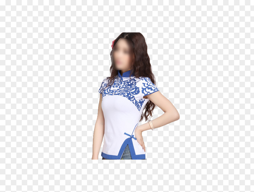 Blue And White Women T-shirt Shoulder Sleeve Photo Shoot Pattern PNG