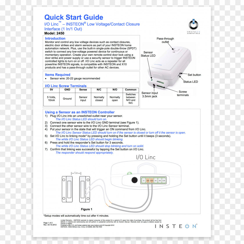 Insteon Electrical Switches Sensor Home Automation Kits Quickstart Guide PNG
