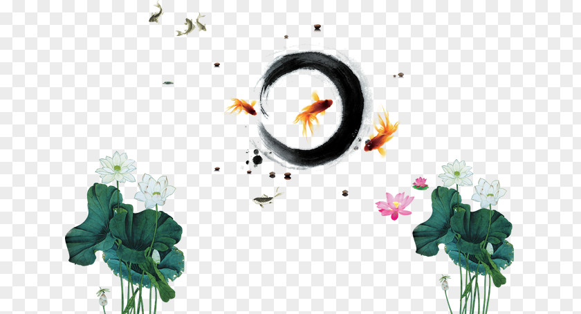 Ink Lotus Goldfish Wash Painting Poster Chinoiserie PNG