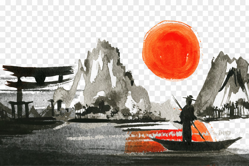 China Wind Sunrise Landscape Japanese Sunset Watercolor Painting PNG
