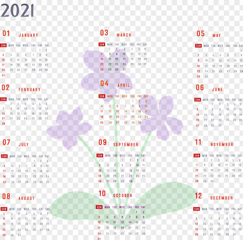 Year 2021 Calendar Printable Yearly Full PNG