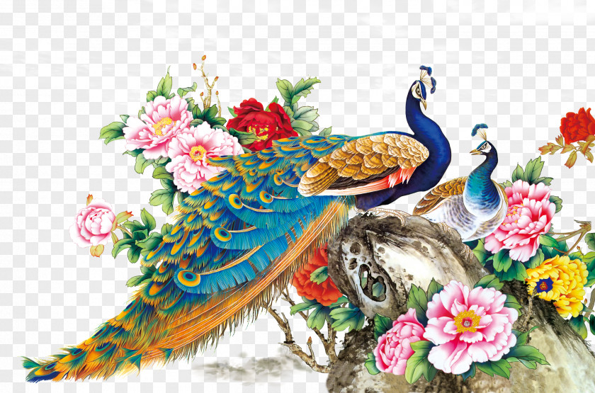 FIG Flowers Peacock Chinese Painting Techniques Bird Peafowl Wall Decal PNG