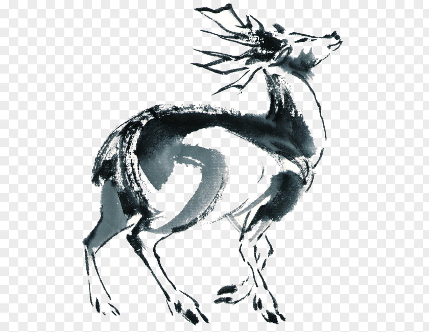 Deer Black And White Ink Wash Painting Chinese PNG