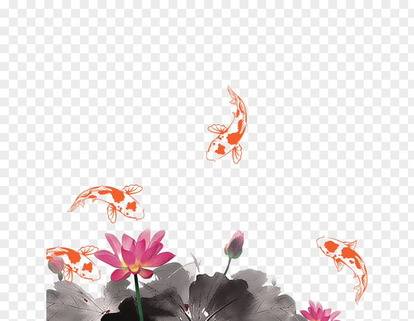 Ink Lotus Goldfish Mid-Autumn Festival Wash Painting Poster PNG
