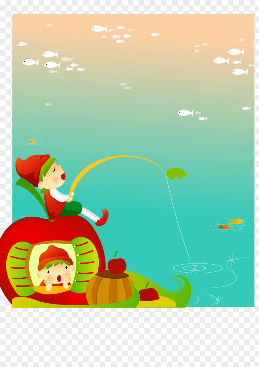 Sitting On The Apple House Kids Fishing Child Cartoon Adobe Illustrator PNG