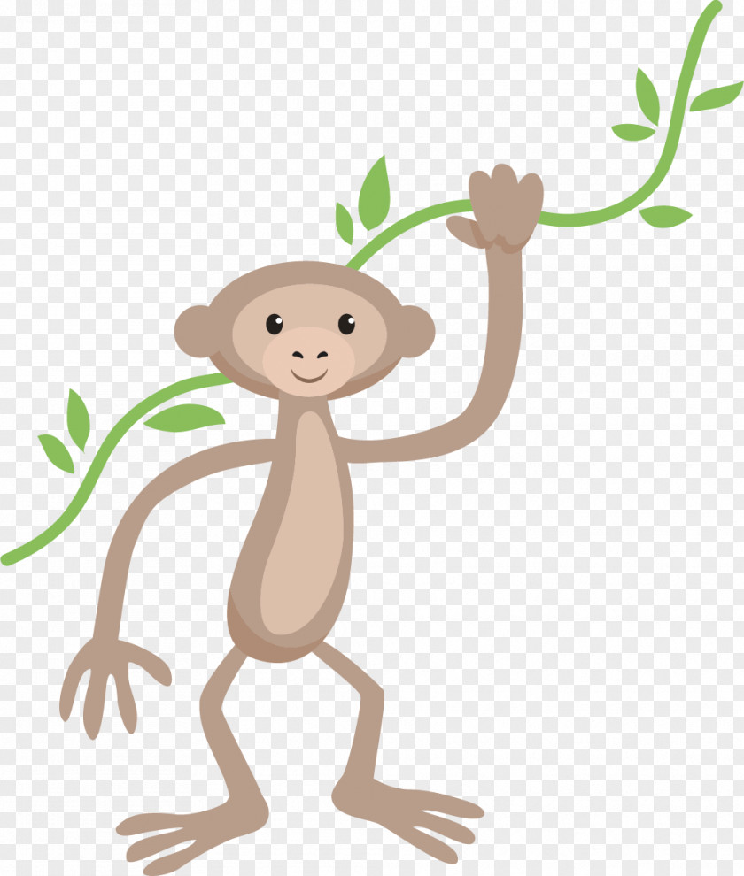 Hand Painted Brown Monkey Vines Cartoon PNG