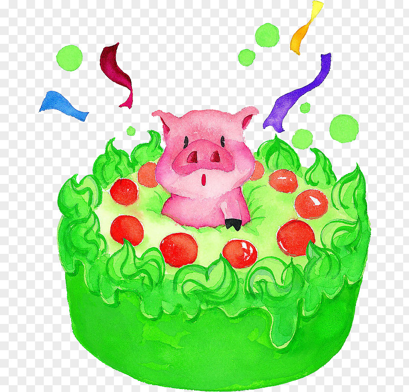 Birthday Cake Domestic Pig Watercolor Painting Drawing PNG