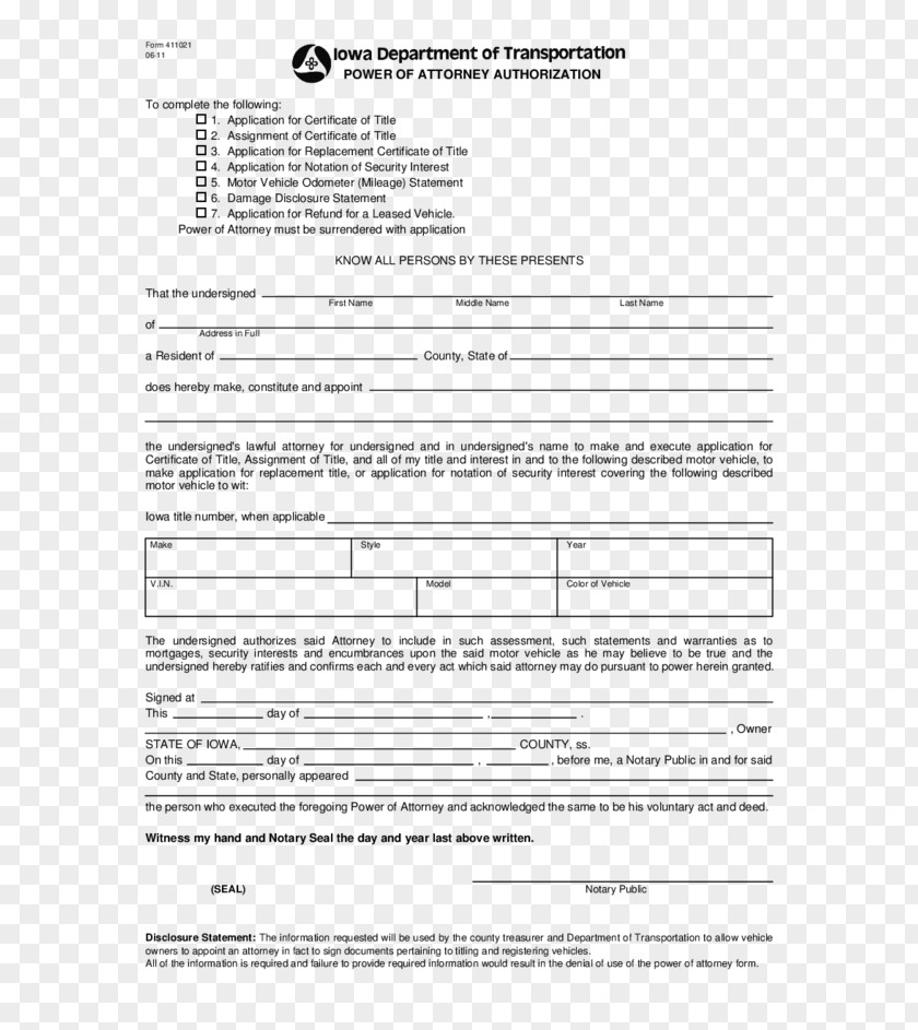 Iowa Power Of Attorney Title Document Form PNG
