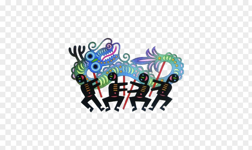 Four Cartoon Lion Silhouette Dance Dragon Papercutting Chinese PNG