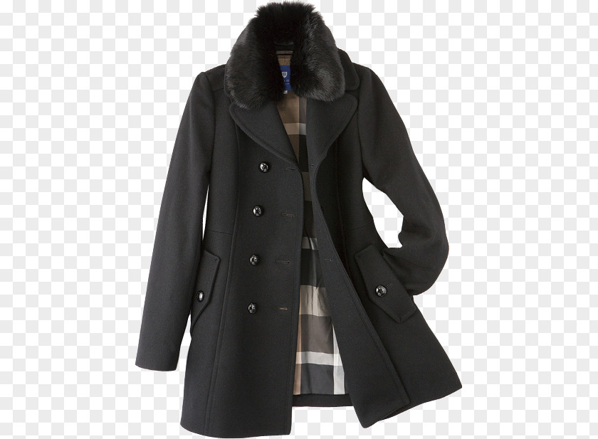 Fur Collar Coat Overcoat Wool Black M PNG