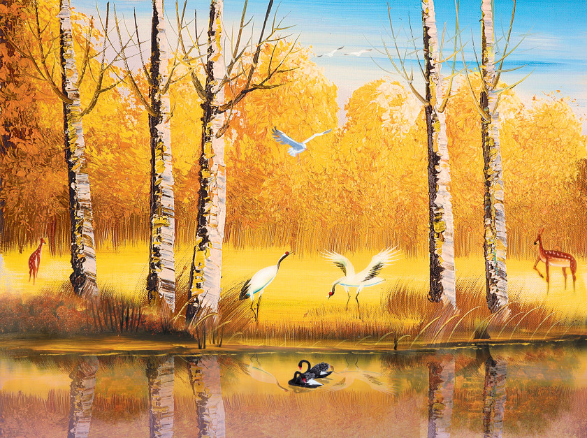 Autumn Beautiful Swan Swimming Creative Background Wall Painting Mural Wallpaper PNG