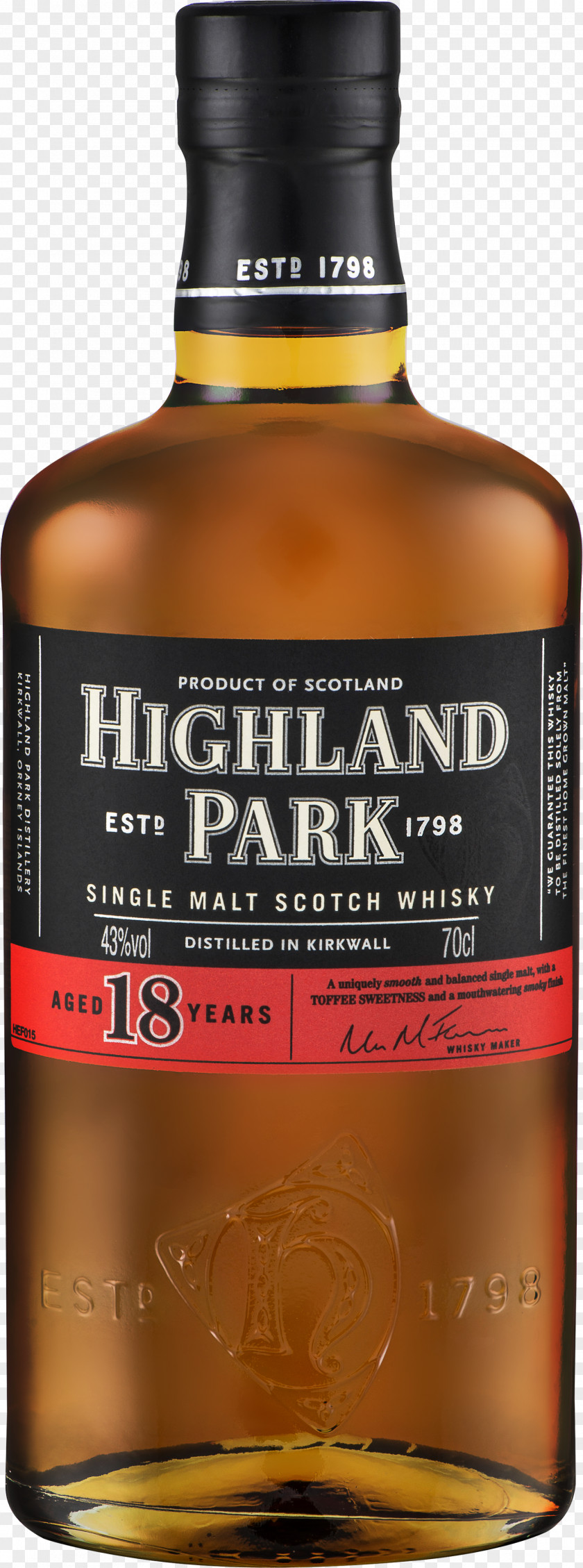 18 Years Old Highland Park Distillery Liqueur Glass Bottle Tennessee Whiskey PNG