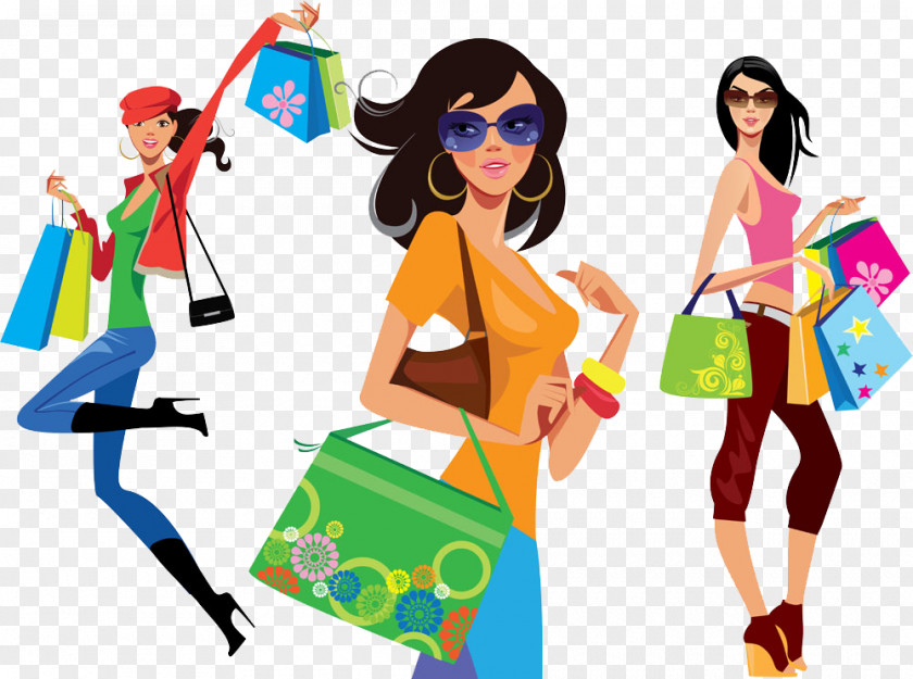 Shopping Girl Illustration PNG Illustration, Three happy women creatives clipart PNG
