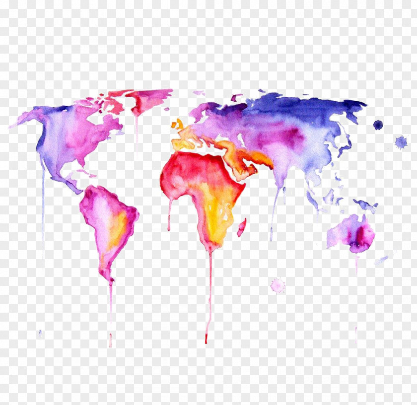 World Map Watercolor Painting Clip Art Image PNG