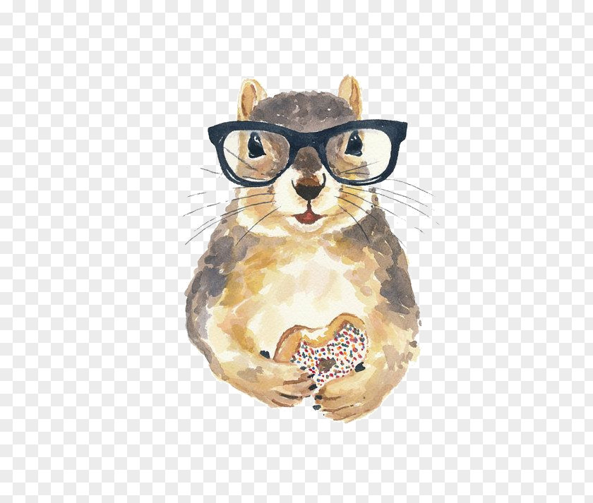 Squirrel Watercolor Painting Nerd Glasses PNG
