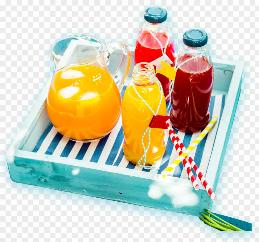 Blue Tray Four Fruit Glass Bottles Ice Cream Orange Juice Fizzy Drinks Picnic PNG