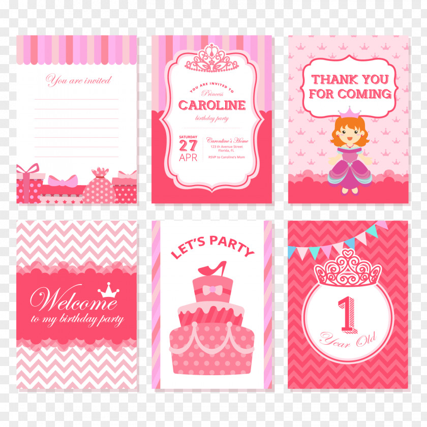 Vector Pink Princess Birthday Cards PNG
