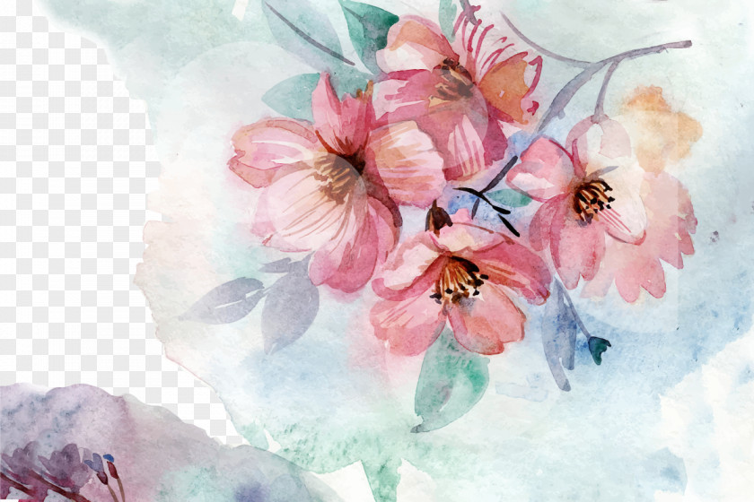 Vector Hand-painted Cherry Paper Watercolour Flowers Watercolor Painting Wall Decal PNG