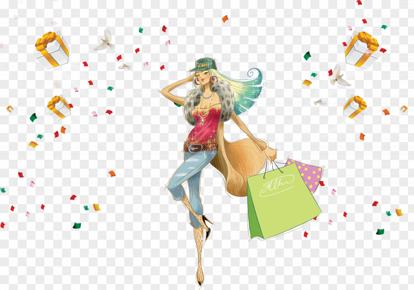 Shopping Woman Fashion Illustration Drawing PNG