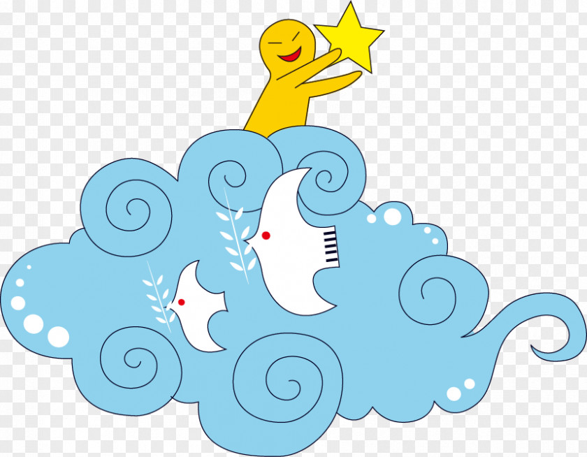 Simple Blue Bird Characters Clouds Stars Drawing Clip Art PNG