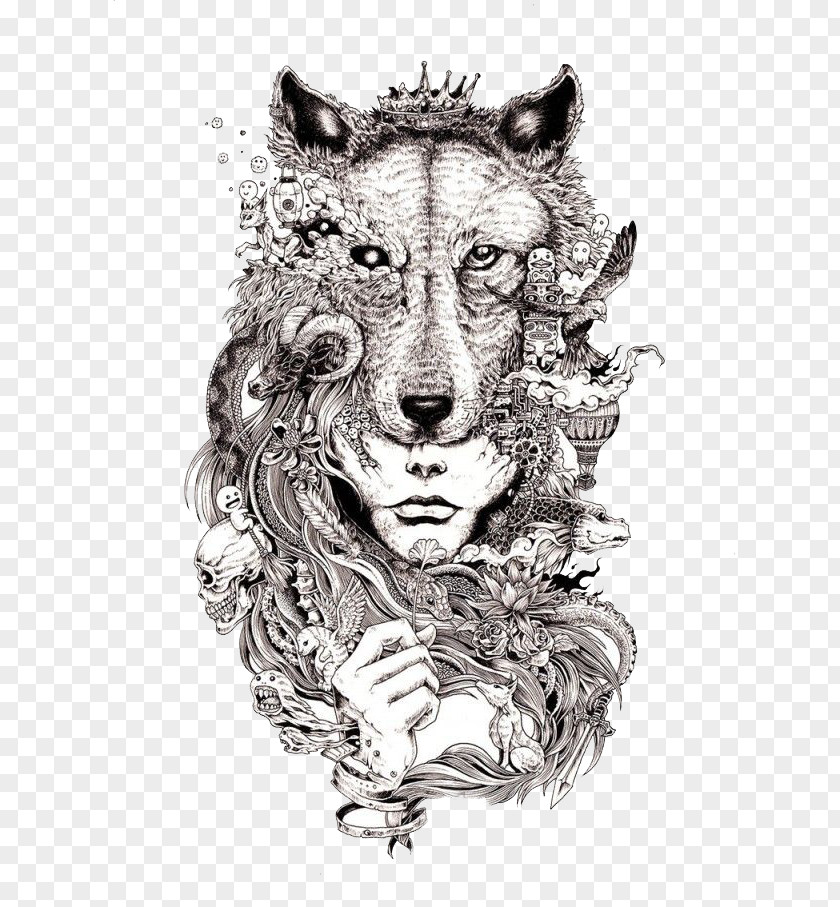 Woman With A Lion Mask Gray Wolf Drawing Art Sketch PNG