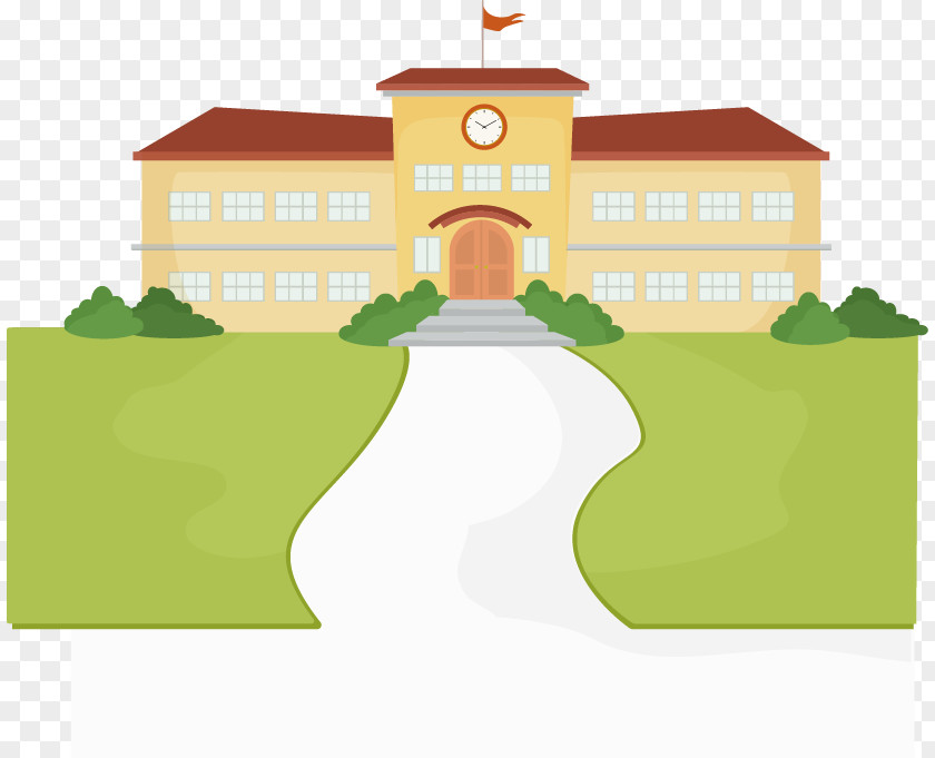 Hand-painted School Trail Lawn Pattern Student Cartoon Building PNG