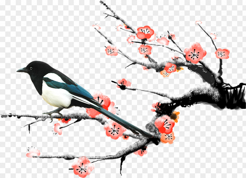 Standing Plum Bird Eurasian Magpie Blossom Papercutting PNG