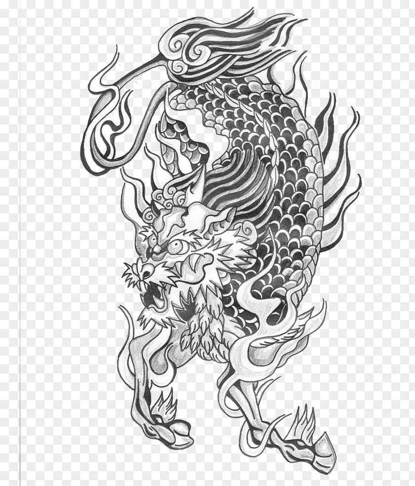Hand-painted Black And White Unicorn Pattern Tattoo Qilin Chinese Dragon Pixiu PNG