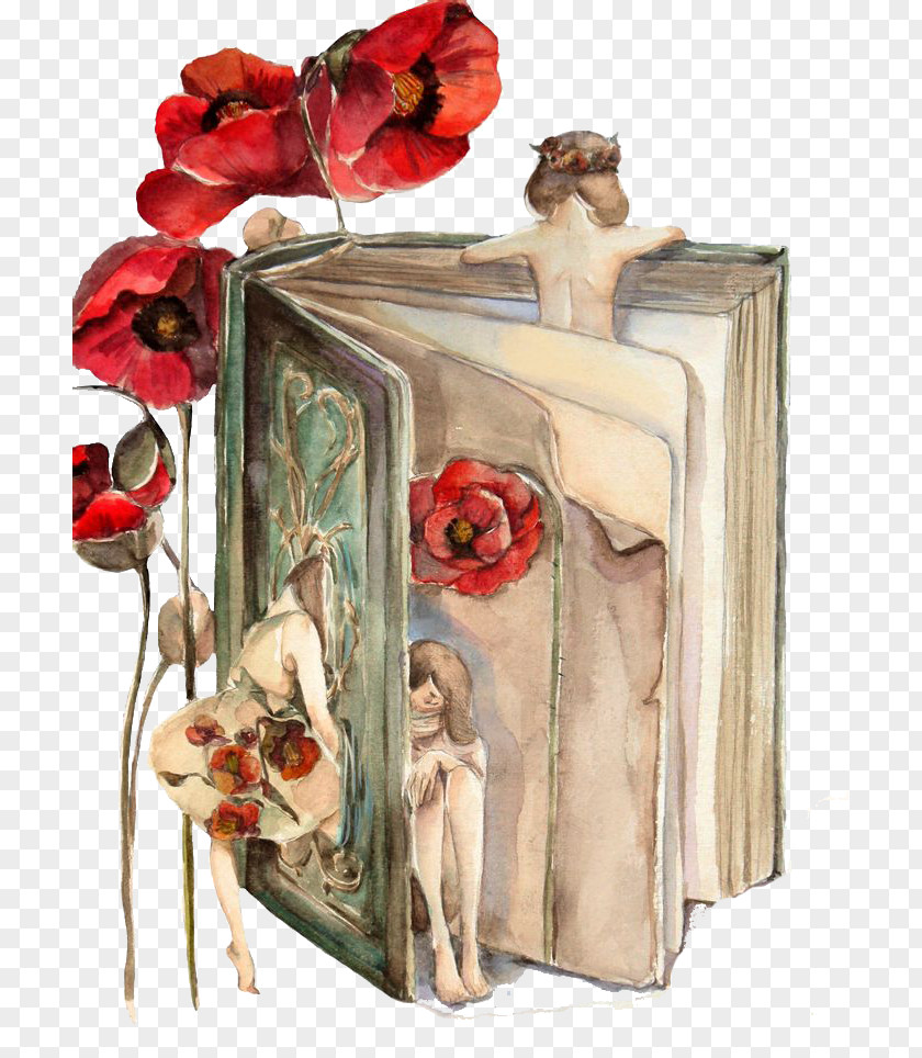 Creative Flower Books Catching Fire Book Reading Art Watercolor Painting PNG
