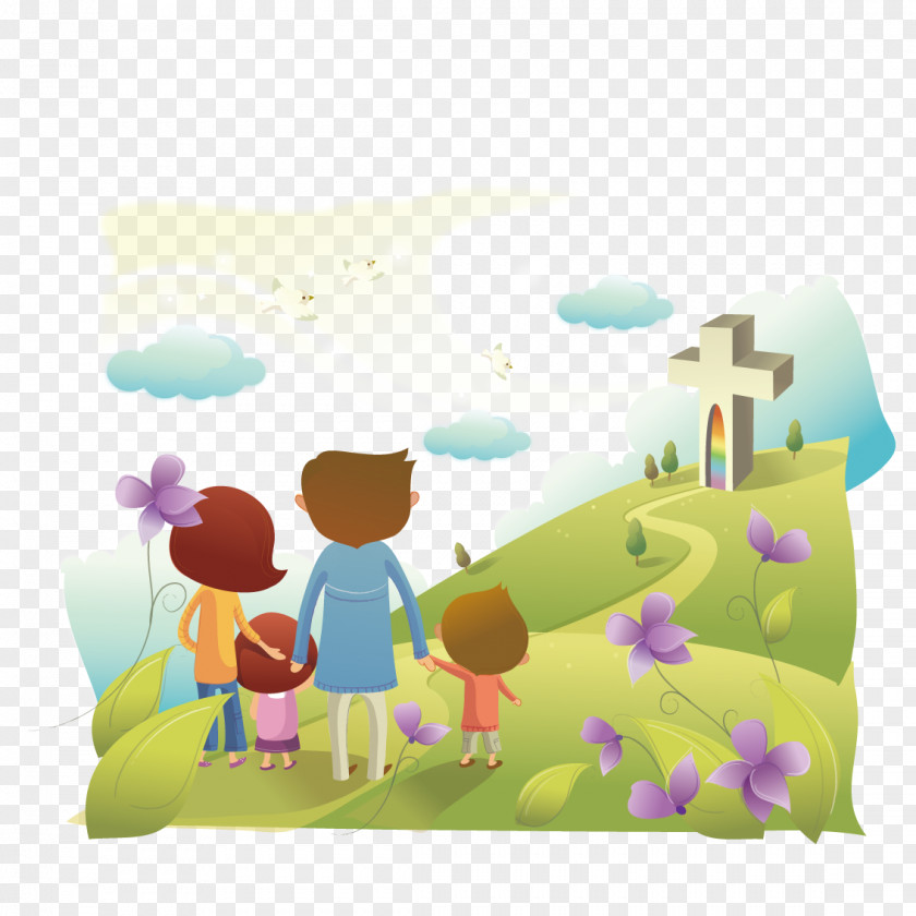 The Family Went To Cross Christian Cartoon Illustration PNG