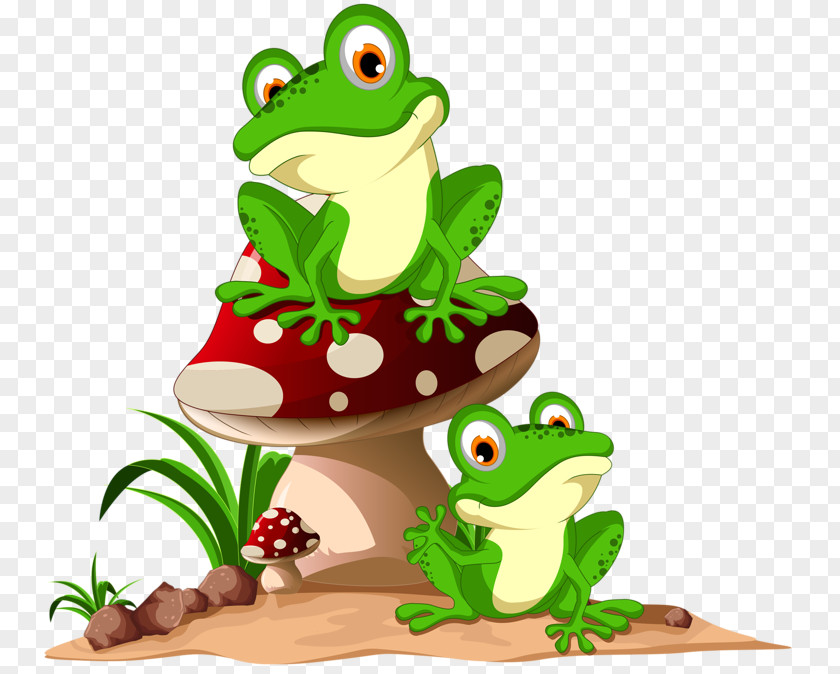 Squatting Frog On Mushroom Cartoon Clip Art PNG