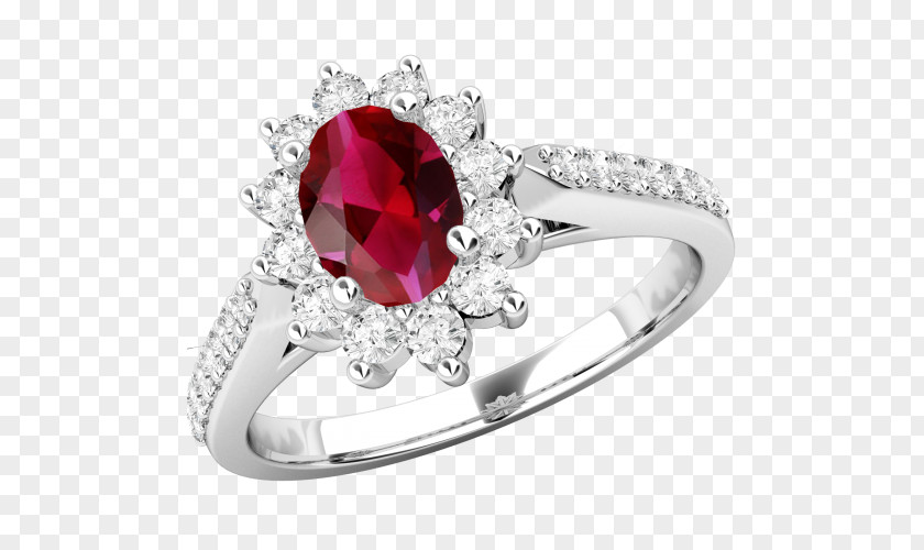 Ruby Engagement Ring Diamond Cut Trilogy PNG