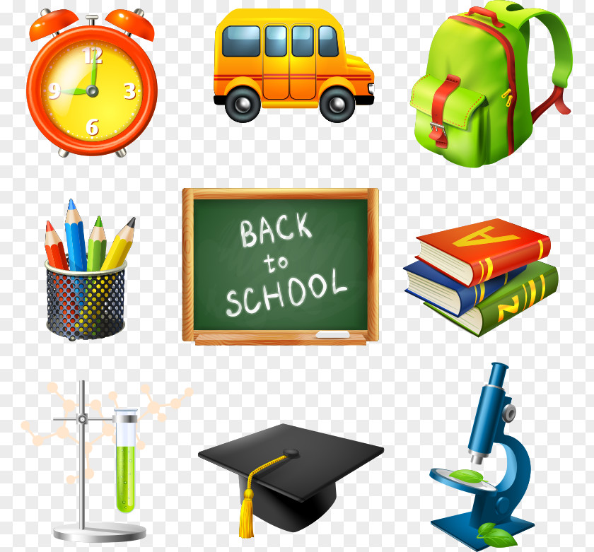 Vector Alarm Clock And Blackboard School Stationery Icon PNG