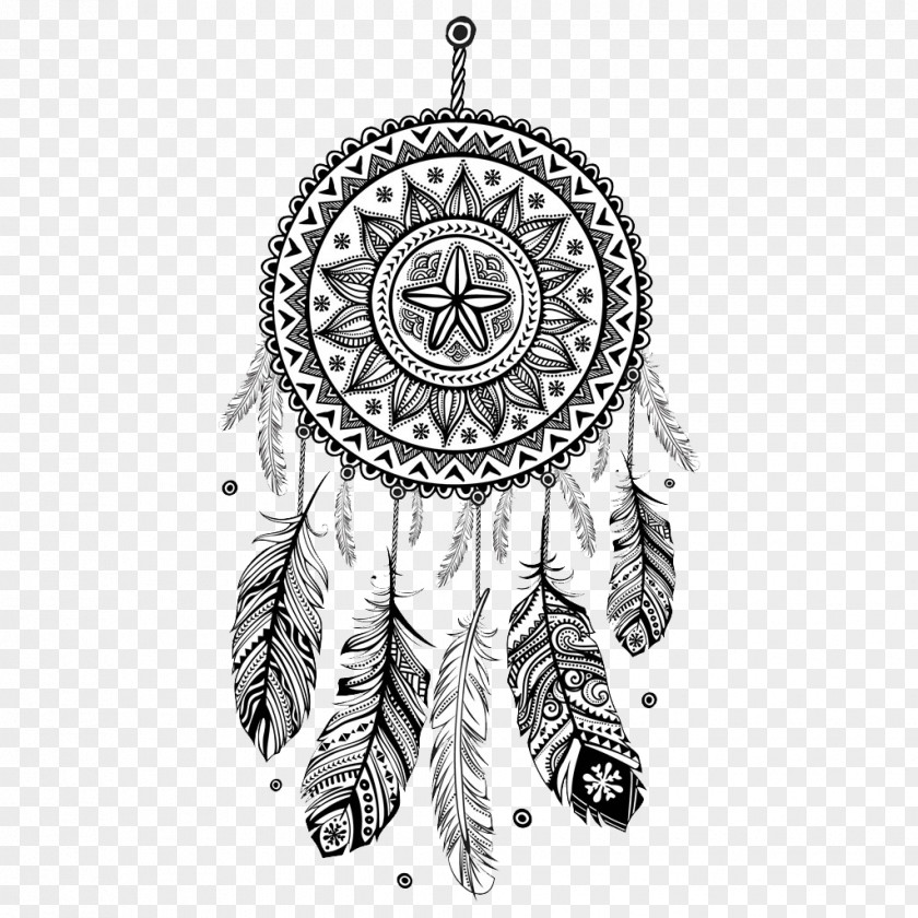 Black And White Feathers Campanula Dreamcatcher Coloring Book Mandala Drawing Decal PNG