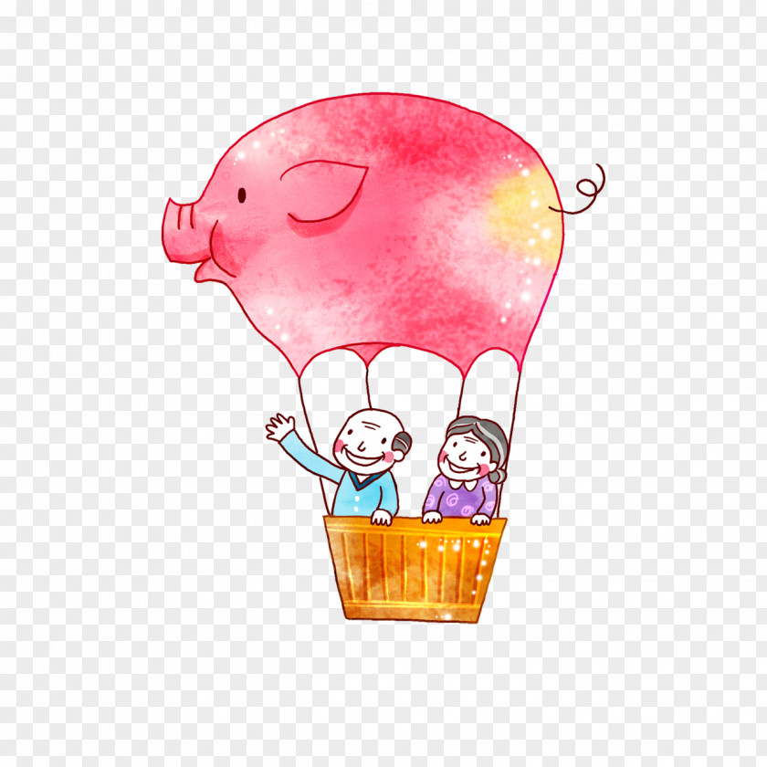 Cartoon Pig Hot Air Balloon PNG