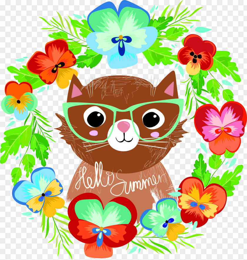 Kitty Fox Vector Cat Kitten Floral Design Illustration PNG