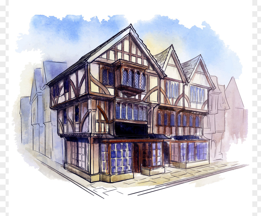 Design Tudor Architecture Watercolor Painting PNG