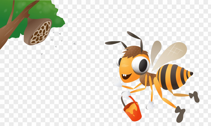 Vector Cartoon Honey Bee On Honeycomb Apidae PNG