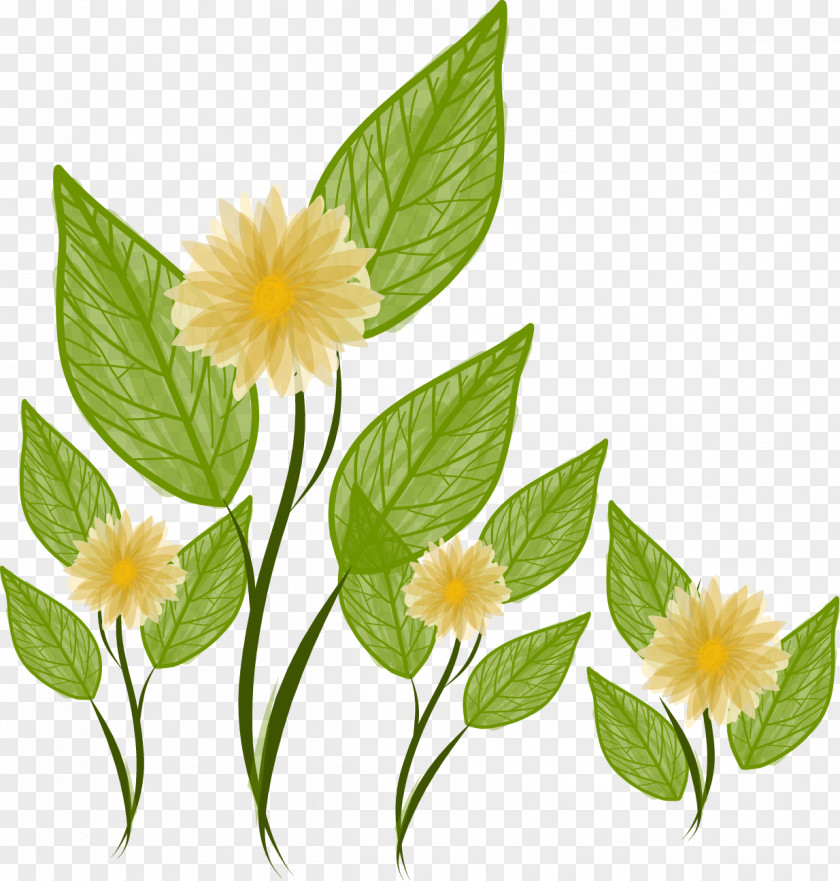 Hand-painted Flowers And Green Leaves Vector Flower Landscape Yellow PNG