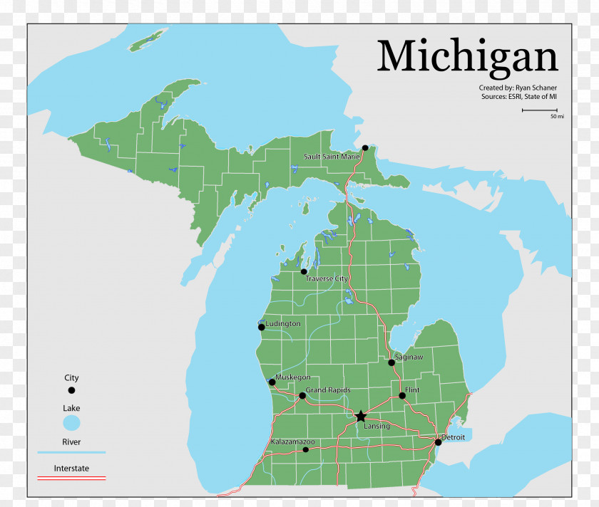 Physical Map United States Presidential Election In Michigan, 2016 US County PNG