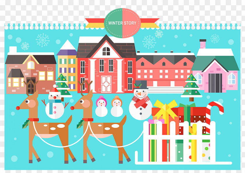 Flat Style Christmas Town Santa Claus Design Illustration PNG