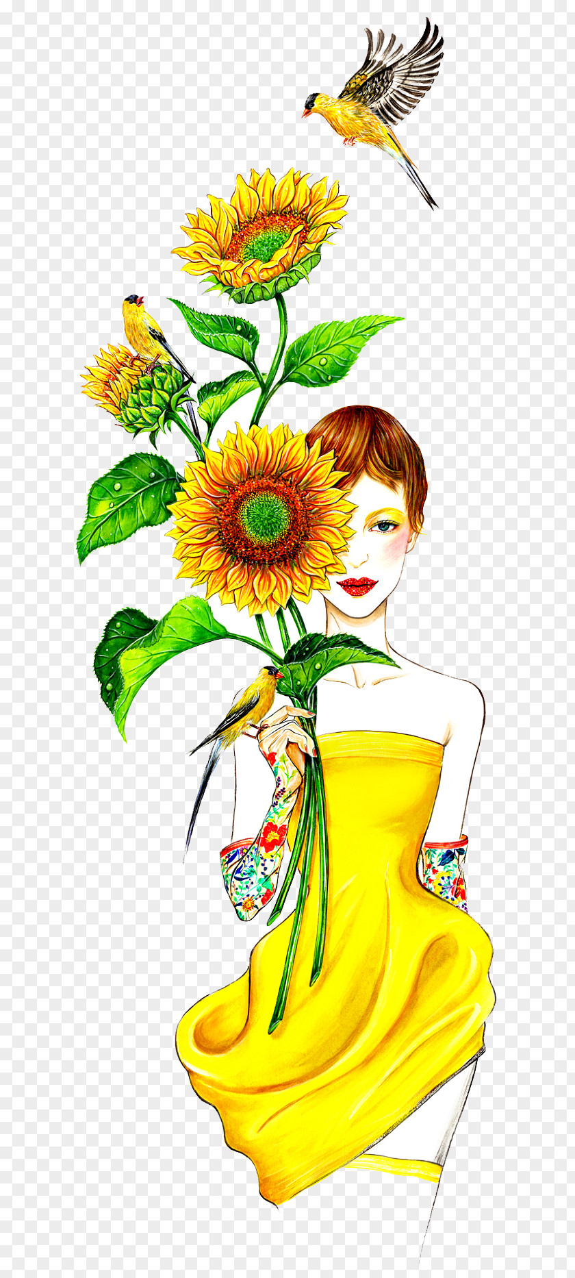 Sunflowers And Birds Fashion Illustration Drawing Illustrator PNG