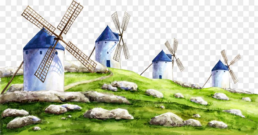 Blue Cartoon Windmill And Stone Painting Diamond PNG