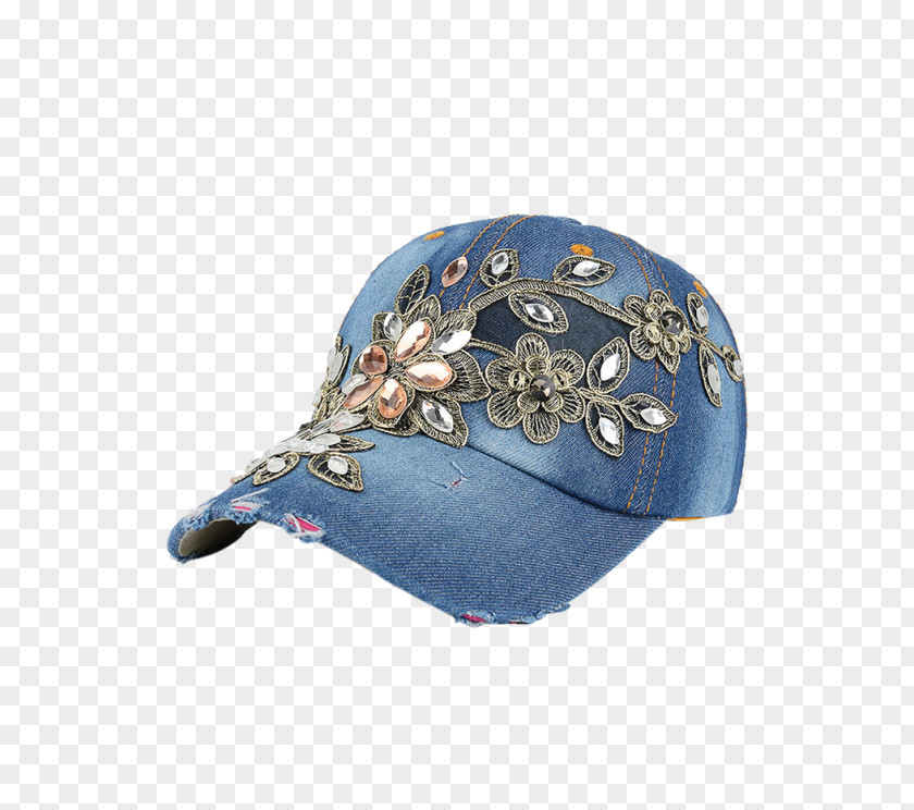 Denim Cap Baseball Embroidery Hat Imitation Gemstones & Rhinestones PNG