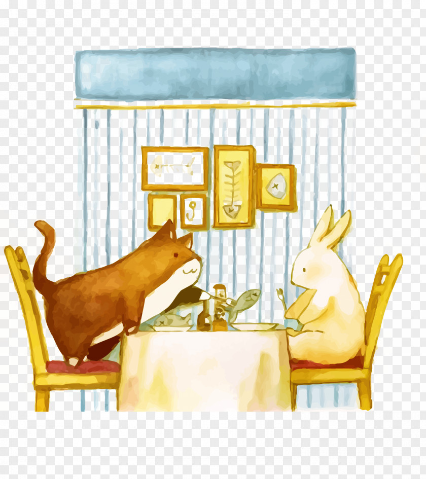 Vector Cat To Rabbit Eat Fish Cartoon Download Illustration PNG