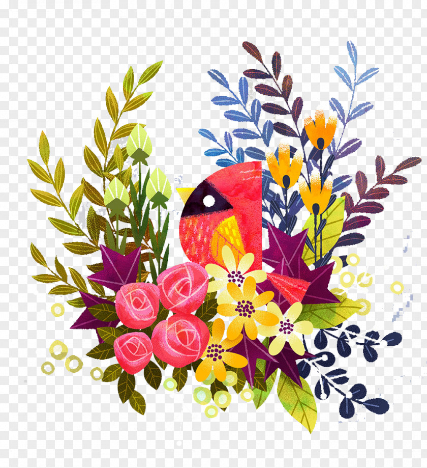 Bouquet Of Leaves Painted Bird Floral Design Art: Using Graphite And Coloured Pencils Leaf Illustration PNG
