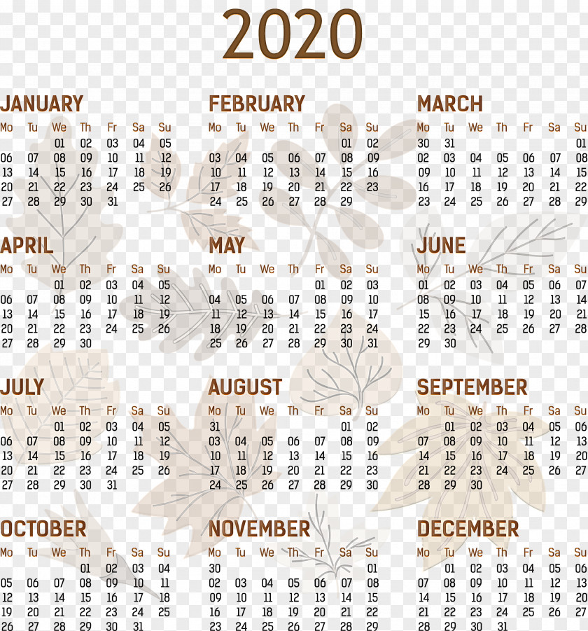 2020 Yearly Calendar Printable Template Full Year PNG