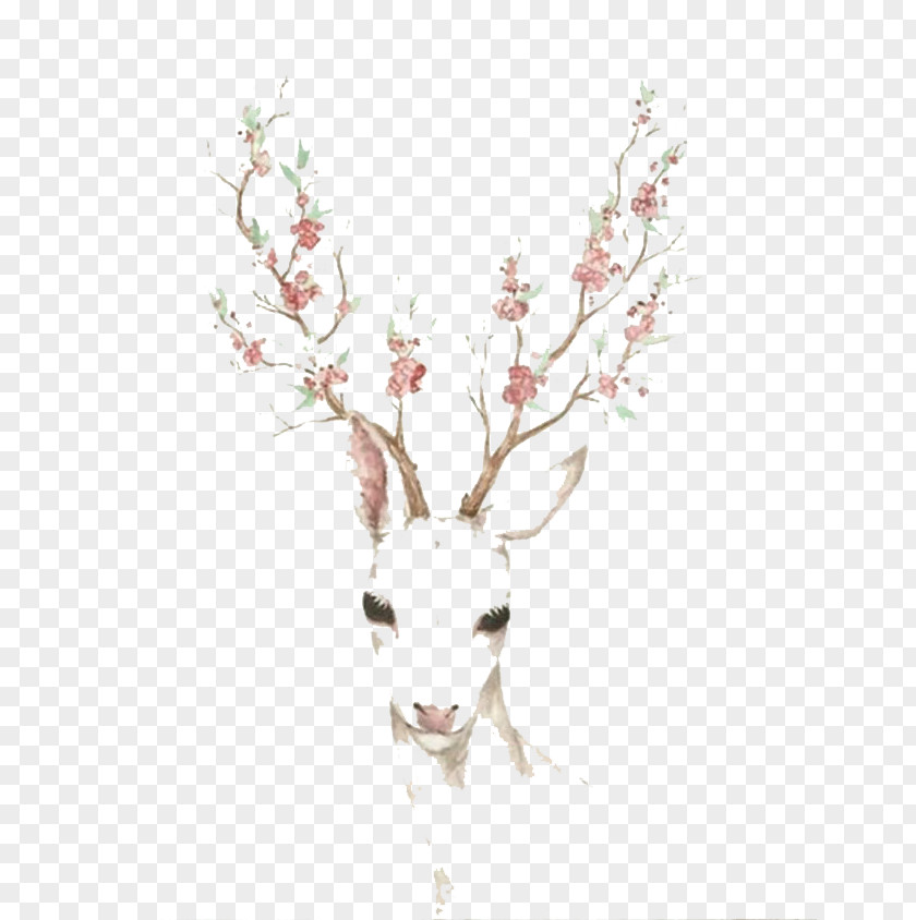 Watercolor Deer Antler Elk Cherry Blossom Paper PNG