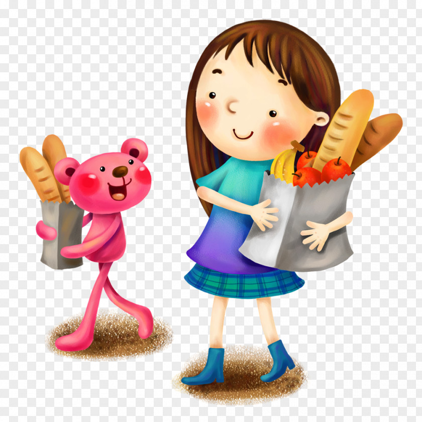Cartoon Drawing Childhood Illustration PNG Illustration, Bear and little girl holding their own bread clipart PNG